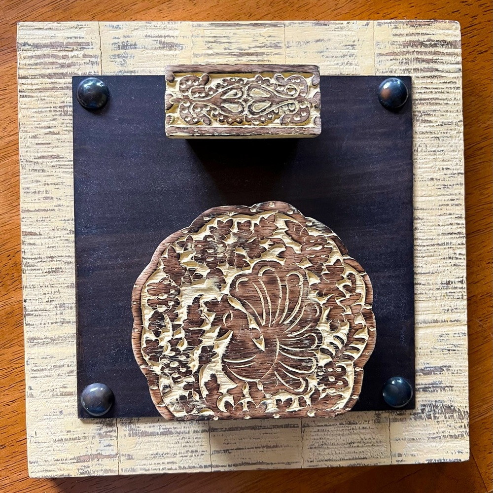Pier 1 Peacock Wood Stamp Wall Art 10" x 10"